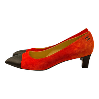 Chanel Gabrielle Red Suede Pointed-Toe Pumps with Black Cap Toe