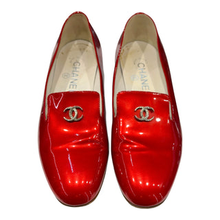 Chanel Red Patent Leather CC Logo Loafers