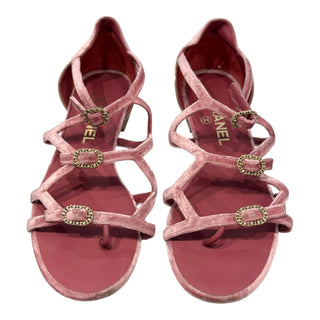 Chanel Pink Velvet Multi-Strap Buckle Sandals
