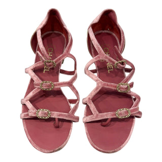 Chanel Pink Velvet Multi-Strap Buckle Sandals