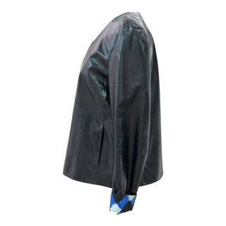 Chanel Black Leather Jacket with Blue Printed Silk Lining