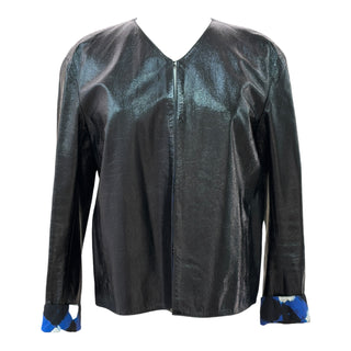 Chanel Black Leather Jacket with Blue Printed Silk Lining