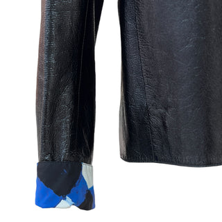 Chanel Black Leather Jacket with Blue Printed Silk Lining