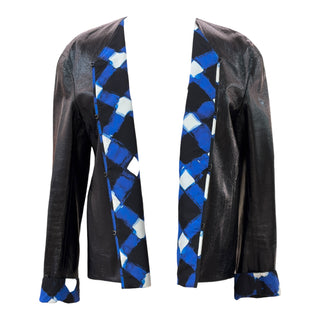Chanel Black Leather Jacket with Blue Printed Silk Lining