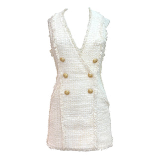 Balmain Ivory Tweed Double-Breasted Mini Dress with Gold-Tone Buttons