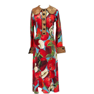Dolce & Gabbana Multicolour Apple Print Silk Maxi Dress with Brocade Trim