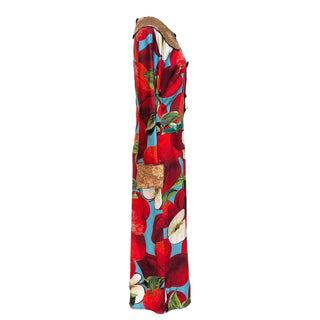 Dolce & Gabbana Multicolour Apple Print Silk Maxi Dress with Brocade Trim