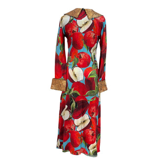 Dolce & Gabbana Multicolour Apple Print Silk Maxi Dress with Brocade Trim