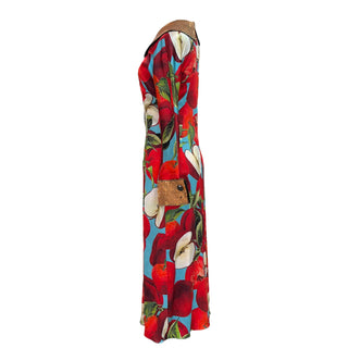 Dolce & Gabbana Multicolour Apple Print Silk Maxi Dress with Brocade Trim