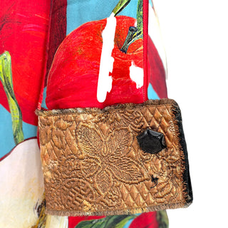 Dolce & Gabbana Multicolour Apple Print Silk Maxi Dress with Brocade Trim