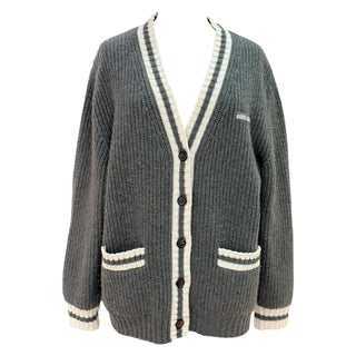 Miu Miu Charcoal Grey Oversized Rib-Knit Logo Cardigan