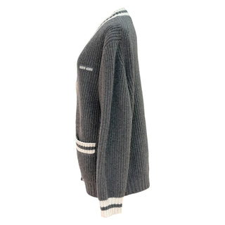 Miu Miu Charcoal Grey Oversized Rib-Knit Logo Cardigan