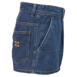 Miu Miu Blue Low-Rise Pleated Denim Shorts