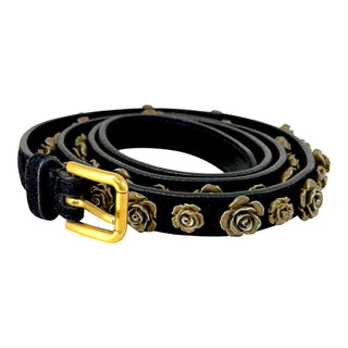 Dolce & Gabbana Black Suede Rose Studded Belt Gold-Tone Buckle