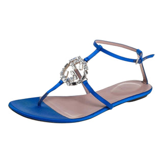 Gucci Crystal Embellished Satin T-Bar Flat Sandals Blue
