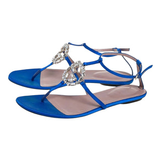 Gucci Crystal Embellished Satin T-Bar Flat Sandals Blue