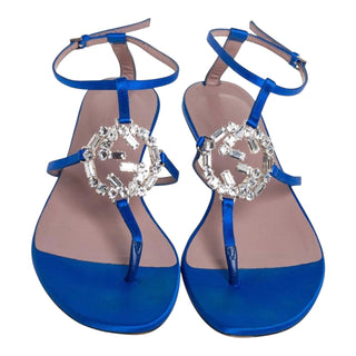 Gucci Crystal Embellished Satin T-Bar Flat Sandals Blue