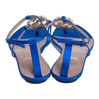 Gucci Crystal Embellished Satin T-Bar Flat Sandals Blue