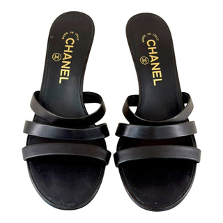 Chanel Black Leather Pearl Heel Mule Sandals