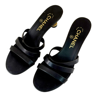 Chanel Black Leather Pearl Heel Mule Sandals
