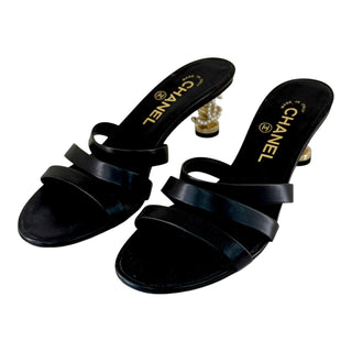 Chanel Black Leather Pearl Heel Mule Sandals