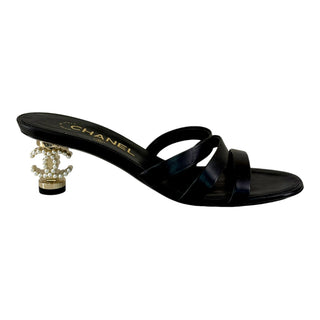 Chanel Black Leather Pearl Heel Mule Sandals