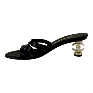 Chanel Black Leather Pearl Heel Mule Sandals