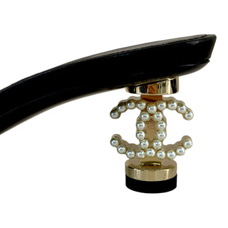 Chanel Black Leather Pearl Heel Mule Sandals