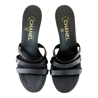 Chanel Black Leather Pearl Heel Mule Sandals