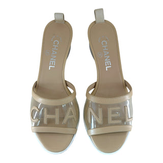 Chanel Beige Leather & PVC Logo Slide Sandals