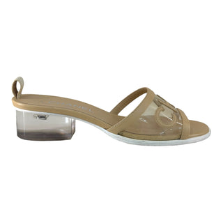 Chanel Beige Leather & PVC Logo Slide Sandals