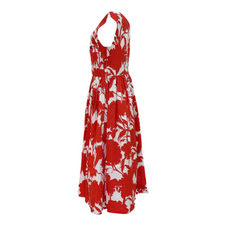 Prada Red & White Floral Print Cotton Sleeveless Midi Dress