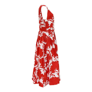 Prada Red & White Floral Print Cotton Sleeveless Midi Dress