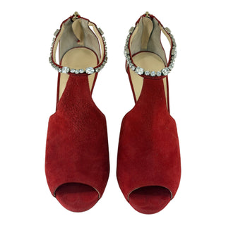 Jimmy Choo Red Suede Crystal Embellished Peep Toe Pumps
