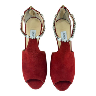 Jimmy Choo Red Suede Crystal Embellished Peep Toe Pumps