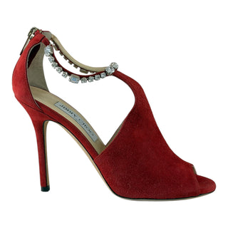 Jimmy Choo Red Suede Crystal Embellished Peep Toe Pumps