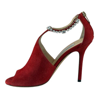 Jimmy Choo Red Suede Crystal Embellished Peep Toe Pumps