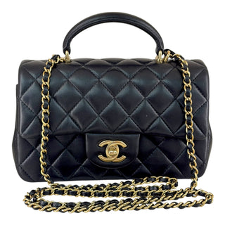 Chanel Mini Top Handle Classic Flap Black Lambskin Bag with Gold Hardware