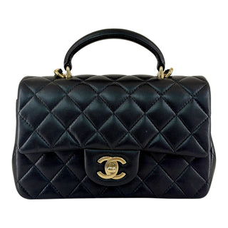 Chanel Mini Top Handle Classic Flap Black Lambskin Bag with Gold Hardware