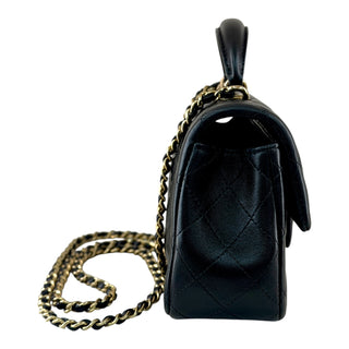 Chanel Mini Top Handle Classic Flap Black Lambskin Bag with Gold Hardware