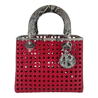 Dior Red Lady Dior Python Trim Woven Tote Bag