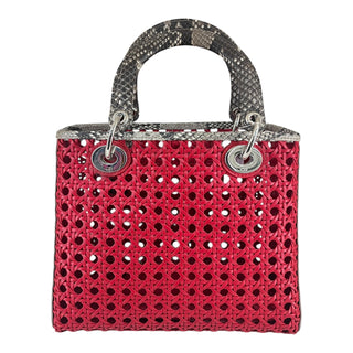 Dior Red Lady Dior Python Trim Woven Tote Bag