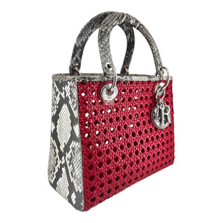 Dior Red Lady Dior Python Trim Woven Tote Bag