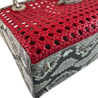 Dior Red Lady Dior Python Trim Woven Tote Bag