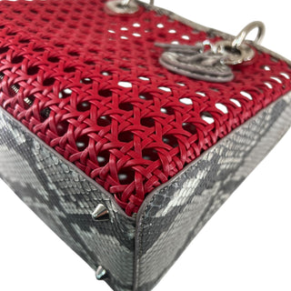 Dior Red Lady Dior Python Trim Woven Tote Bag