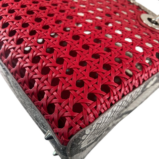 Dior Red Lady Dior Python Trim Woven Tote Bag
