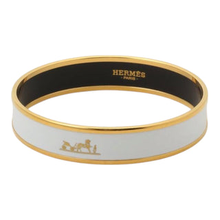 Hermès White Enamel & Gold-Plated Caleche Narrow Bangle Bracelet