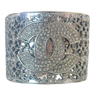 Chanel Silver-Tone Crystal CC Filigree Wide Cuff Bracelet