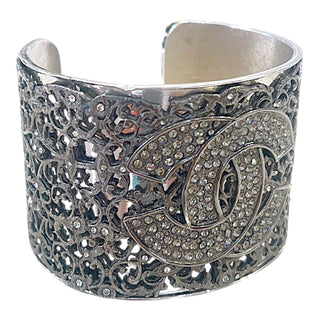 Chanel Silver-Tone Crystal CC Filigree Wide Cuff Bracelet
