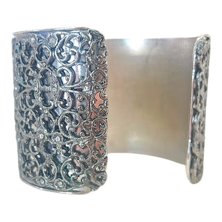 Chanel Silver-Tone Crystal CC Filigree Wide Cuff Bracelet